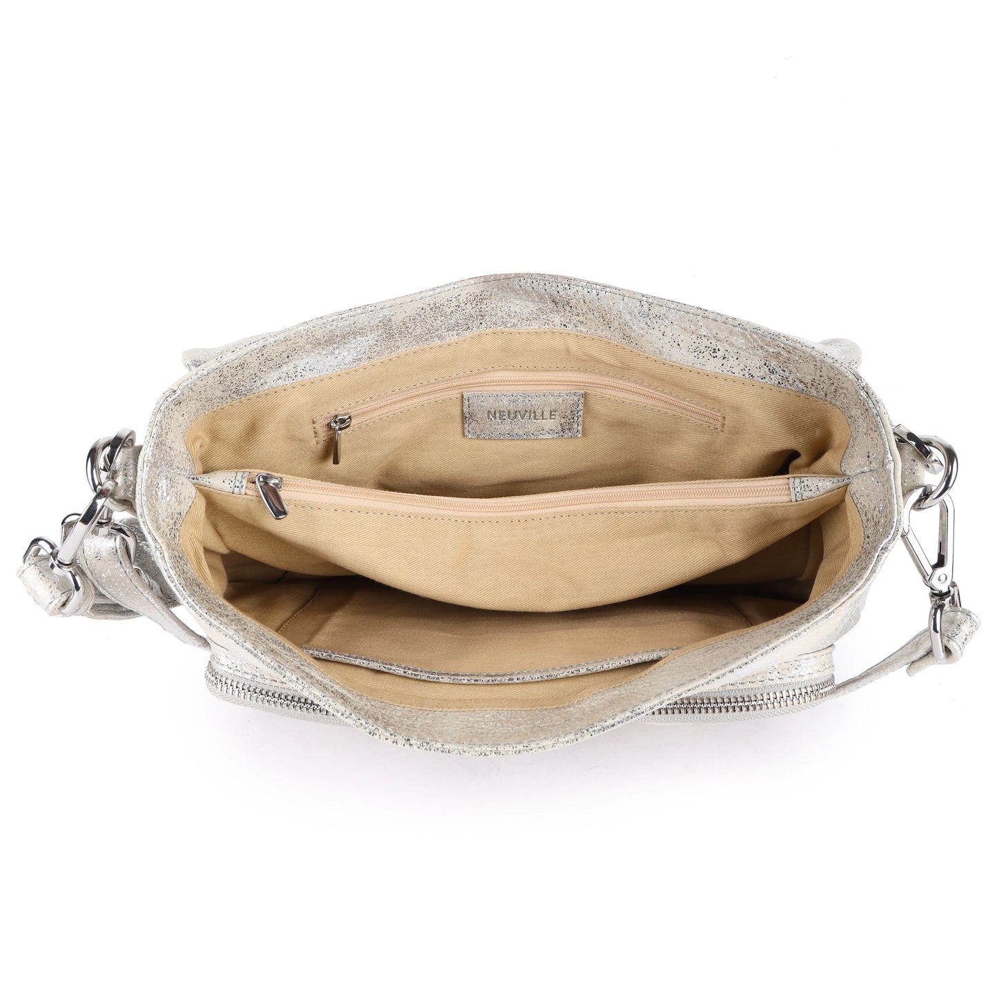 Intérieur du sac Max Ke de la marque Neuville. Doublure beige en coton, poche centrale zippée et deux compartiments.