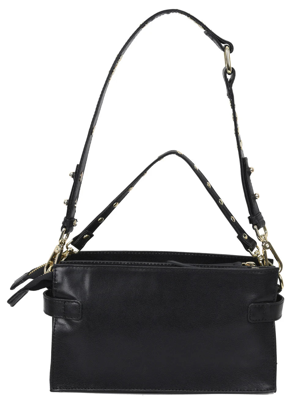 Vue arrière du sac Rock Mama de la marque Neuville en cuir noir. Montre la sobriété du dos et les attaches métalliques dorées.