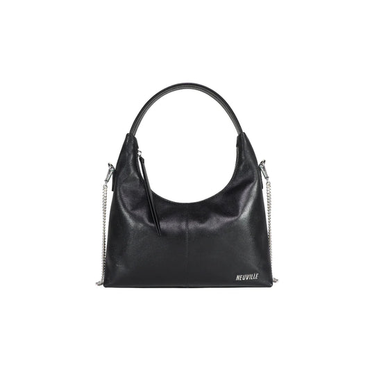 Vue de face du sac Lola de la marque Neuville en cuir noir. Format souple avec anse unique et chaîne métallique.
