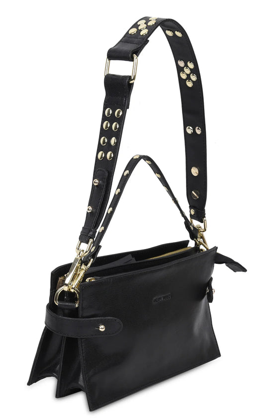Sac Rock Mama de la marque Neuville en cuir noir avec finitions dorées. Vue latérale montrant la profondeur et les anses.