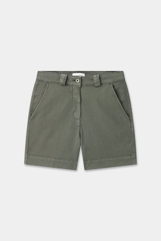 Short taille mi-haute de la marque Acquaverde en coton et élasthanne kaki. Coupe droite.